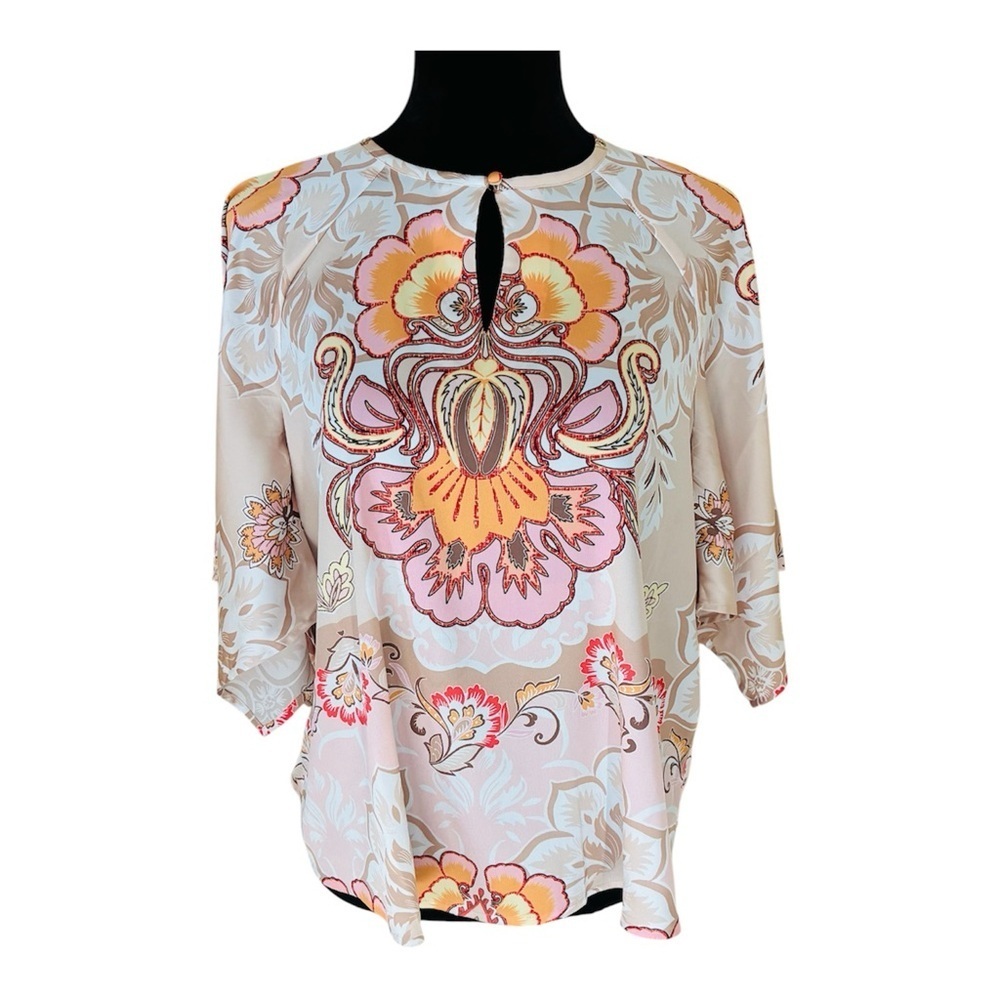 Chico's Pastel Scarf Print Satin Floral Keyhole Blouse Top 0 Small 4 - Picture 5 of 12